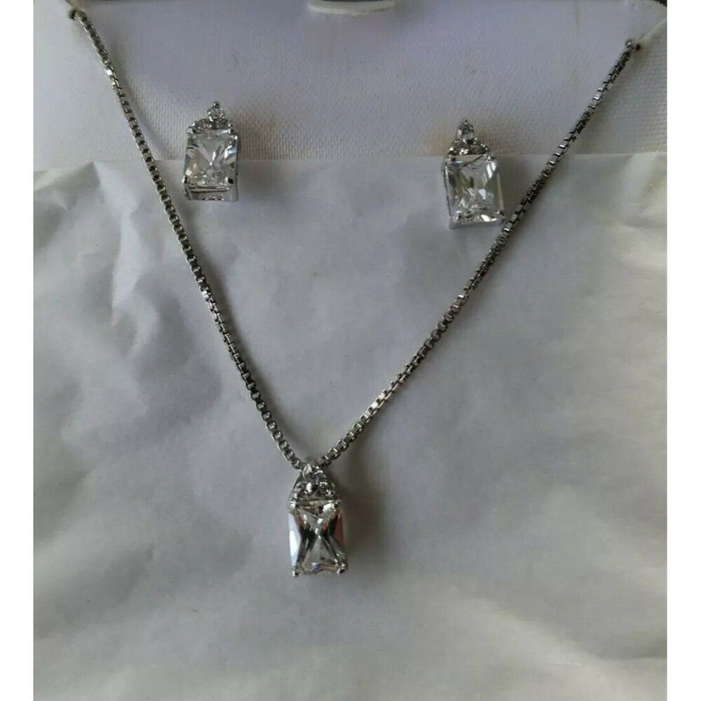 STERLING SILVER NECKLACE & EARRINGS Set RECTANGLE. FAUX DIAMOND New Macy's